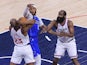 Kai Jones and James Harden of the Los Angeles Clippers in action against the Dallas Mavericks on October 14, 2024