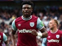 Mohammed Kudus of West Ham United celebrates after scoring his side's opening goal against Tottenham Hotspur, on October 19, 2024