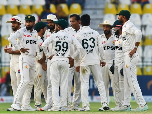 Pakistan celebrate taking an England wicket in second Test in October 2024.