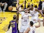 Kevin Durant of the Phoenix Suns blocks a shot by LeBron James of the Los Angeles Lakers on January 11, 2024