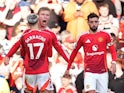 Manchester United's Rasmus Hojlund celebrates scoring with Alejandro Garnacho and Bruno Fernandes on October 19, 2024