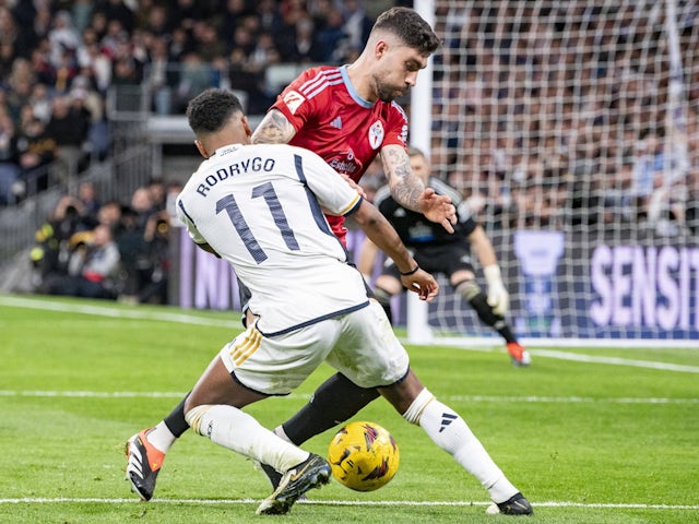 Real Madrid's Rodrygo in action against Celta Vigo on March 10, 2024