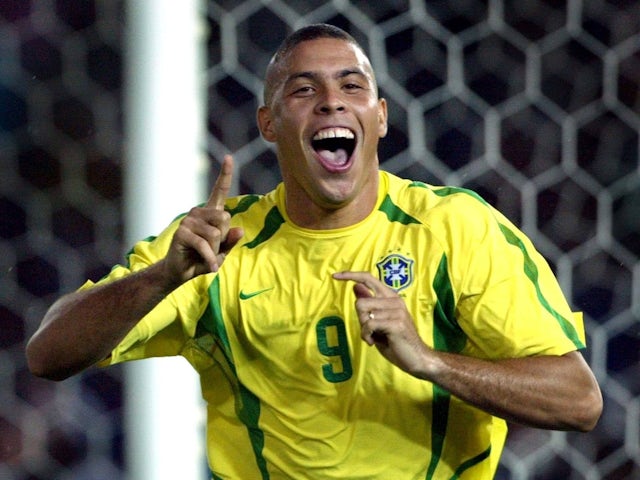 Ronaldo Nazario celebrates scoring for Brazil in the 2002 World Cup final