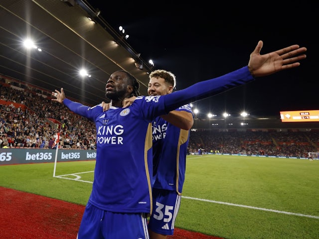 Leicester City winger Stephy Mavididi celebrates scoring on September 15, 2023