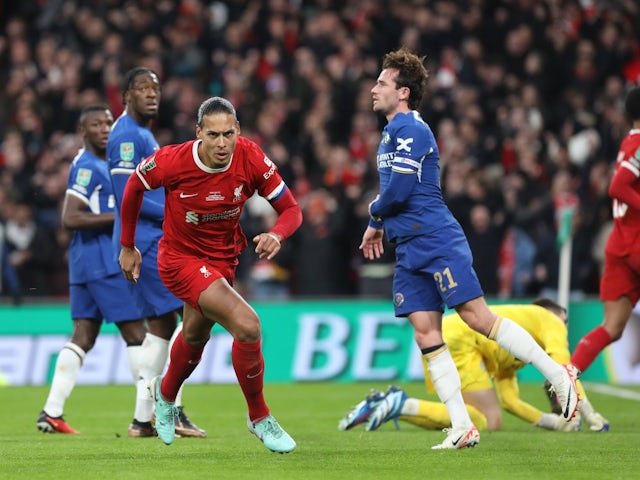 Liverpool's Virgil van Dijk celebrates scoring against Chelsea on February 25, 2024