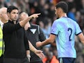 Arsenal manager Mikel Arteta gestures as William Saliba of Arsenal walks off after being shown a is shown a red card during his side's match against Bournemouth, on October 19, 2024