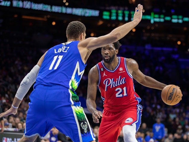 Joel Embiid in action during the National Basketball Association game between Philadelphia Sixers and Milwaukee Bucks on October 21, 2024