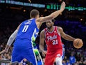 Joel Embiid in action during the National Basketball Association game between Philadelphia Sixers and Milwaukee Bucks on October 21, 2024