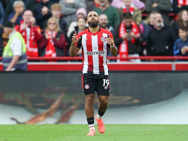 Bryan Mbeumo celebrates scoring against Ipswich Town for Brentford during their Premier League clash, on October 26, 2024