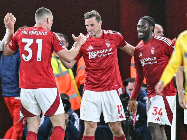 Nottingham Forest's Chris Wood celebrates after scoring on October 21, 2024