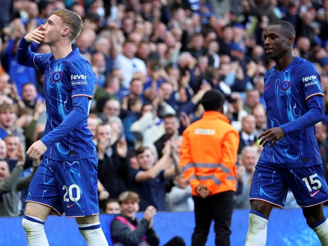 Cole Palmer and Nicolas Jackson of Chelsea celebrate their side's second goal during their Premier League clash against Newcastle United, on October 27, 2024