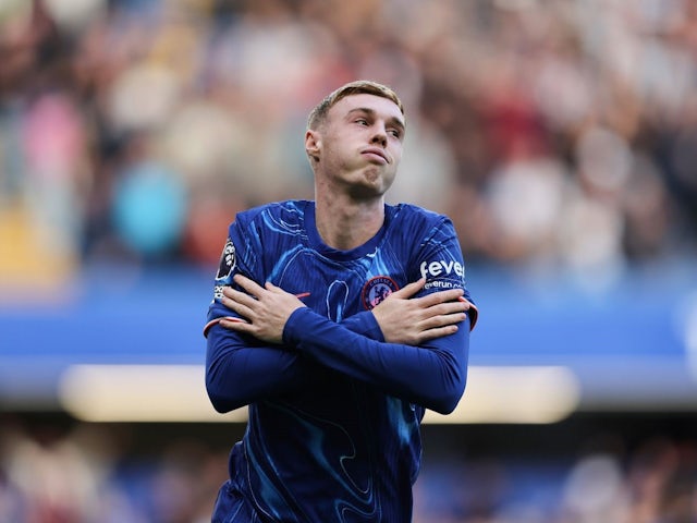 Cole Palmer of Chelsea celebrates against Newcastle United during the side's clash, on October 27th, 2024