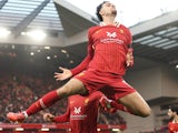 Curtis Jones of Liverpool celebrates scoring to make it 2-1 against Chelsea in the Premier League, on October 20, 2024