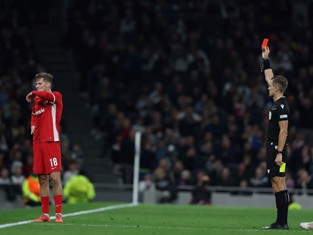 David Moller Wolfe of AZ Alkmaar is shown a red card during the UEFA Europa League match on October 24, 2024