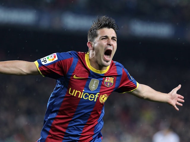 Barcelona's David Villa celebrates scoring on October 29, 2010