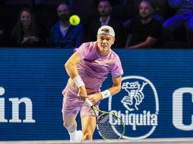 Holger Rune in action at the Swiss Indoors event on October 22, 2024