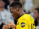 Borussia Dortmund's Jamie Bynoe-Gittens celebrates scoring against Real Madrid on October 22, 2024