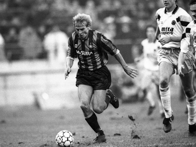 Jurgen Klinsmann playing for Inter Milan against Aston Villa in 1990.