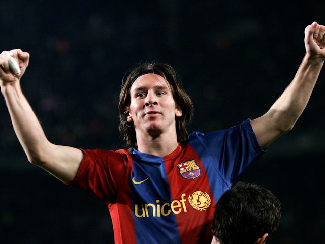 Barcelona's Lionel Messi celebrates scoring on March 10, 2007