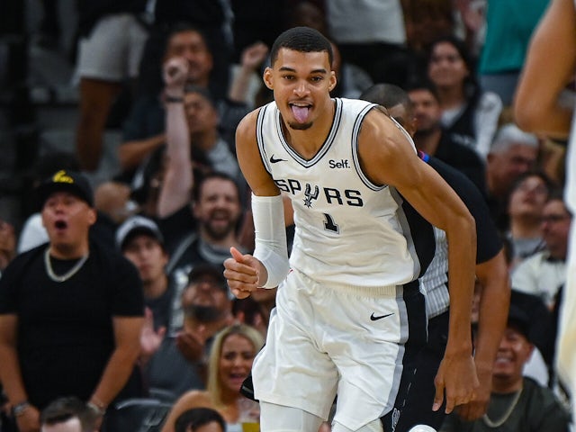 Spurs rookie Victor Wembanyama reacts after scoring two of his 15 points against the Dallas Mavericks on October 22, 2024