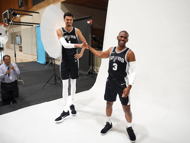 Victor Wembanyama and newly acquired CHRIS PAUL takes part in Media Day for the San Antonio Spurs on October 22, 2024