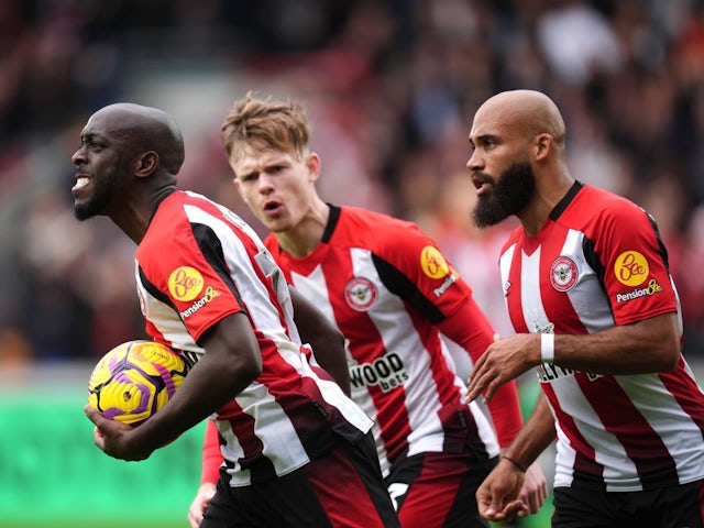 Yoane Wissa celebrates scoring his side's first goal against Ipswich Town during the Premier League clash, on October 26, 2024