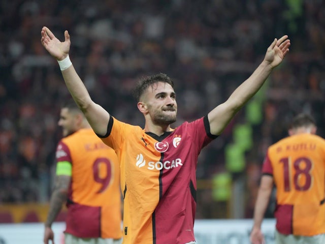 Yunus Akgun of Galatasaray celebrates after scoring his side's fourth goal against Elfsborg at Rams Park, on October 23, 2024