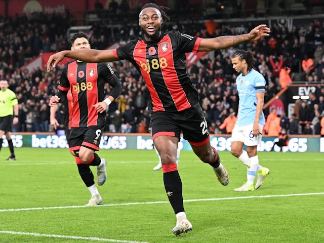 Bournemouth's Antoine Semenyo celebrates scoring against Manchester City on November 2, 2024