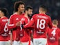 Manchester United's Bruno Fernandes celebrates with Joshua Zirkzee and Casemiro after scoring on October 30, 2024