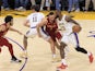  LeBron James 23 of the Los Angeles Lakers is defended by Max Strus 1 of the Cleveland Cavaliers on October 29, 2024