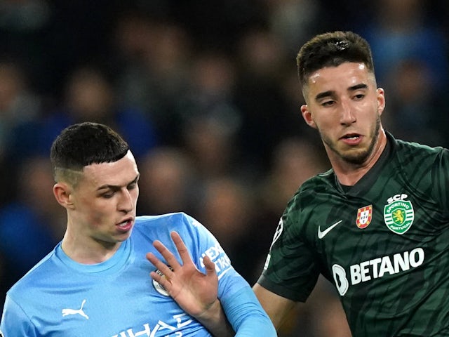 Manchester City's Phil Foden and Sporting Lisbon's Goncalo Inacio pictured on March 9, 2022