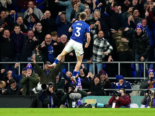 Ipswich Town's Leif Davis celebrates scoring against Leicester City, November 2, 2024