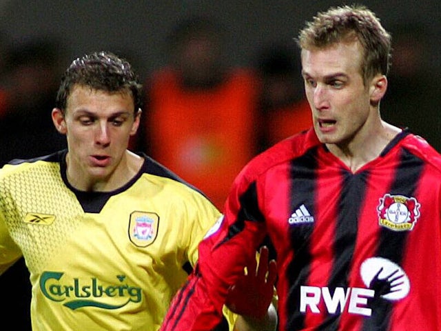 Bayer Leverkusen's Daniel Bierofka and Liverpool's Stephen Warnock pictured on March 9, 2005