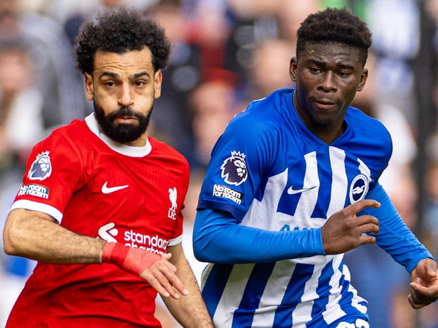 Liverpool's Mohamed Salah and Brighton & Hove Albion's Carlos Baleba on March 31, 2024