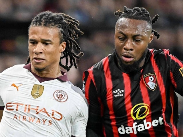 Manchester City's Nathan Ake and Bournemouth's Antoine Semenyo on February 24, 2024