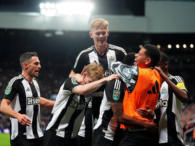 Newcastle United players celebrate after an own goal on October 30, 2024