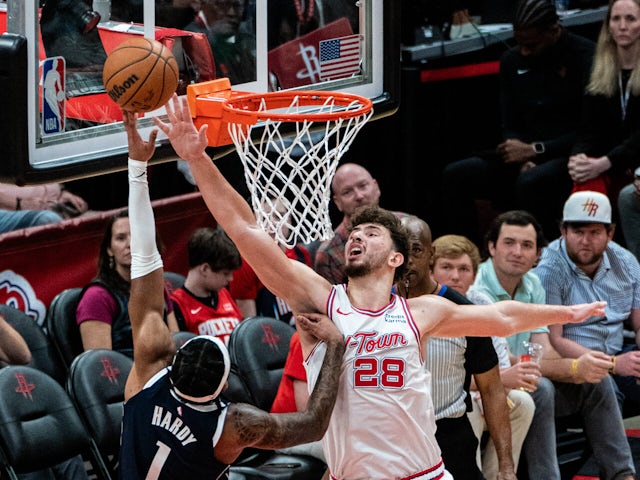  Alperen Sengun blocks the ball during a regular season match between Houston Rockets and Dallas Mavericks on October 30, 2024