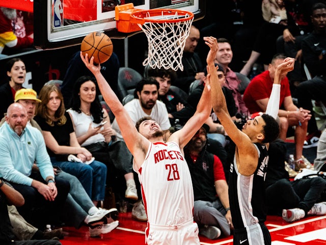 Alperen Sengun goes for a layup during a regular season game between Houston Rockets and San Antonio Spurs on October 30, 2024