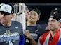 Los Angeles Dodgers two-way player Shohei Ohtani (17) celebrates with the Commissioner's Trophy after the Los Angeles Dodgers beat the New York Yankees in game four to win the 2024 MLB World Series on October 31, 2024