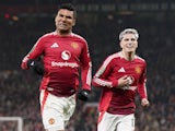 Manchester United's Casemiro and Alejandro Garnacho celebrate on October 30, 2024