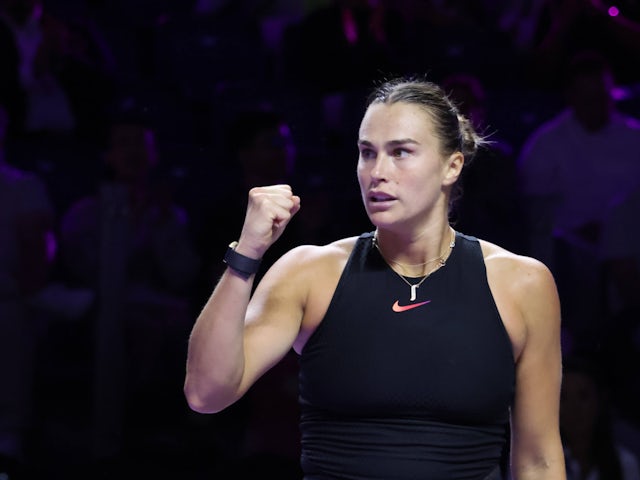 Aryna Sabalenka reacts at the WTA Finals on November 2, 2024