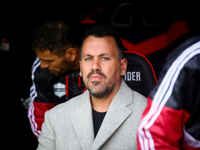  Manager of Deportivo Riestra Cristian Fabbiani during his side's match against San Lorenzo, on May 12, 2024