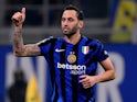 Inter Milan's Hakan Calhanoglu celebrates scoring on November 6, 2024