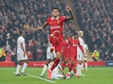 Luis Diaz of Liverpool celebrates his goal to make it 3-0 during his side's Champions League match against Bayer Leverkusen, on November 5, 2024