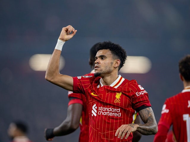 Luis Diaz of Liverpool celebrates his first goal to make it 1-0 during his side's Champions League match against Bayer Leverkusen, on November 5, 2024