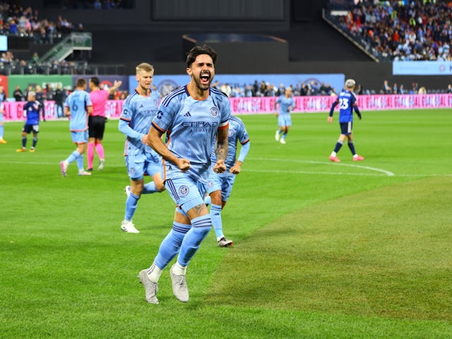  New York City FC defender Thiago Martins celebrates a goal on November 2, 2024