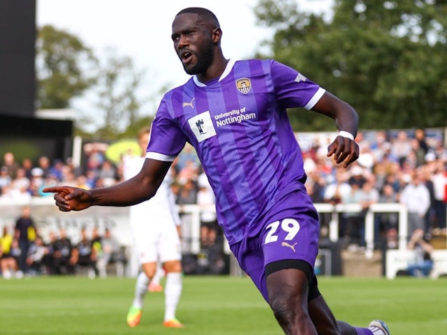 Alassana Jatta of Notts County celebrates his teams third goal against Bromley, on September 14, 2024