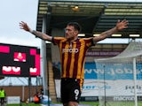 Andy Cook of Bradford City celebrates scoring against Colchester United, on 16 November 2024