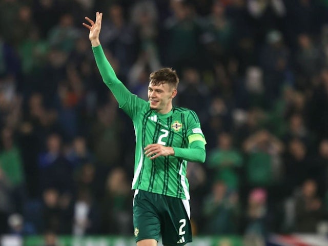 Northern Ireland's Conor Bradley salutes fans after his side's UEFA Nations League match against Bulgaria, on October 15, 2024