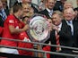 Manchester United manager David Moyes and captain Nemanja Vidic with the Community Shield on August 11, 2013